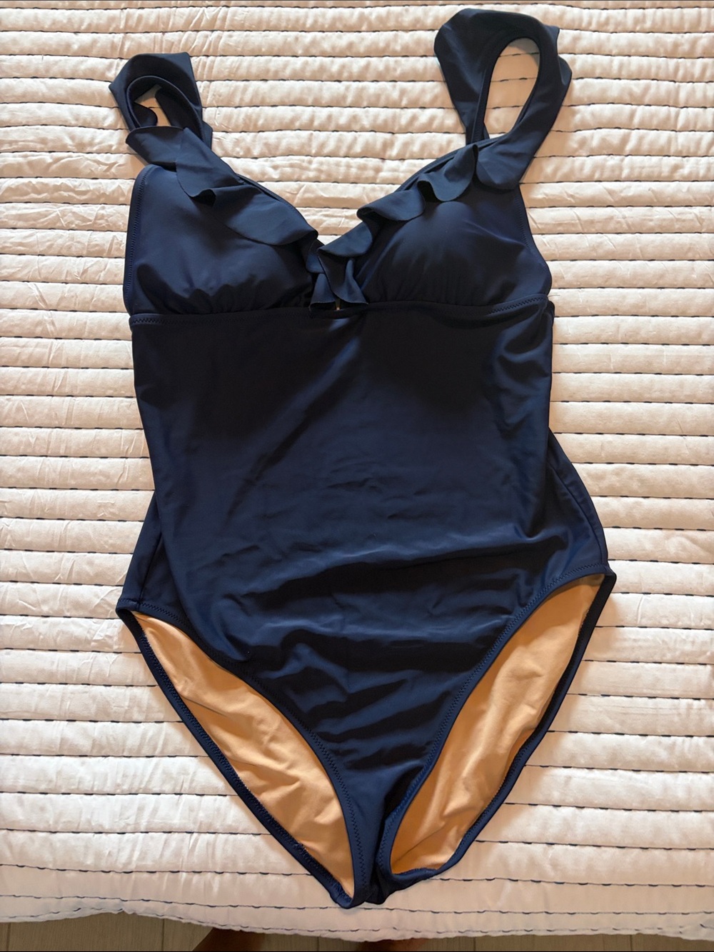 J. Crew Navy Blue One-Piece Swimsuit with Ruffle V-Neck